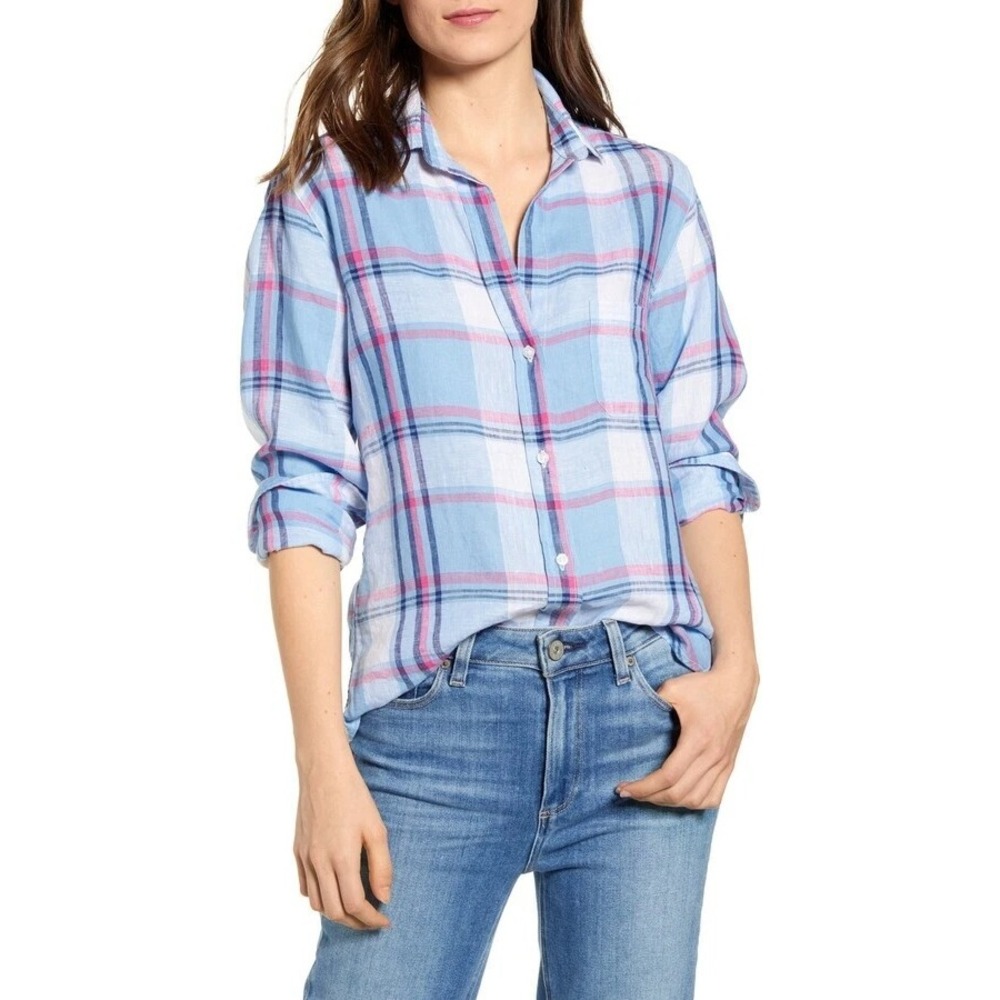 Grayson Women's The Hero Linen Plaid Button Up Shirt Blue Pink Preppy Medium